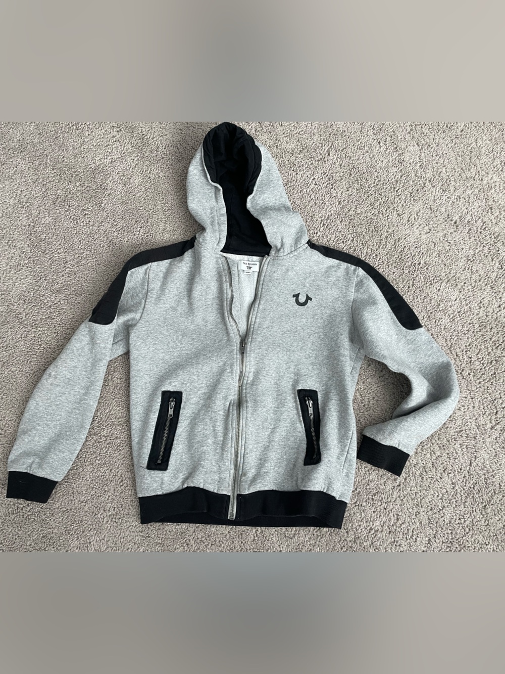 True Religion Grey and Black Cropped Zip-Up Hooded Sweatshirt